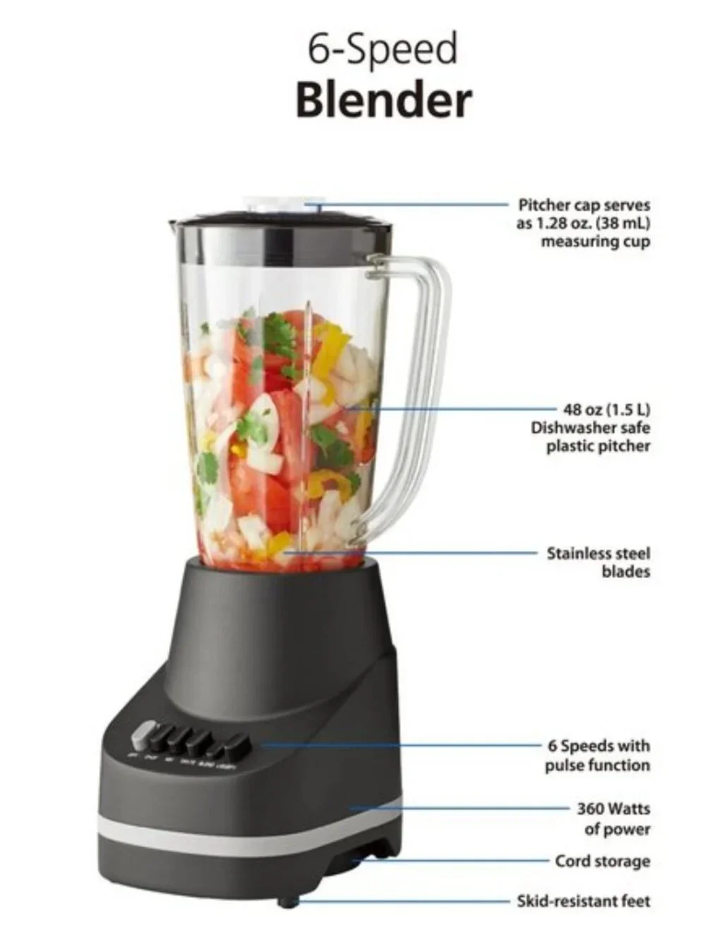 Mainstays 6-Speed Blender | 48oz Jar, 360W Motor, Stainless Blades